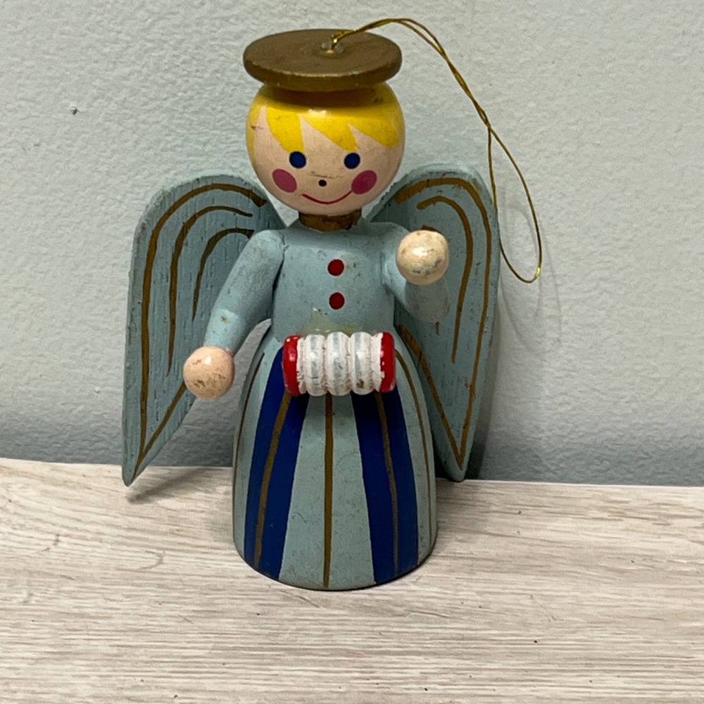 Wooden Angel Ornament Accordion Player Vintage Christmas Decor‎ Hand Painted